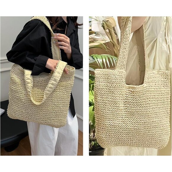 Women Beige Weaving Casual Retro Bag with Zipper Closure Shoulder Handbag Purse - Picture 7 of 7